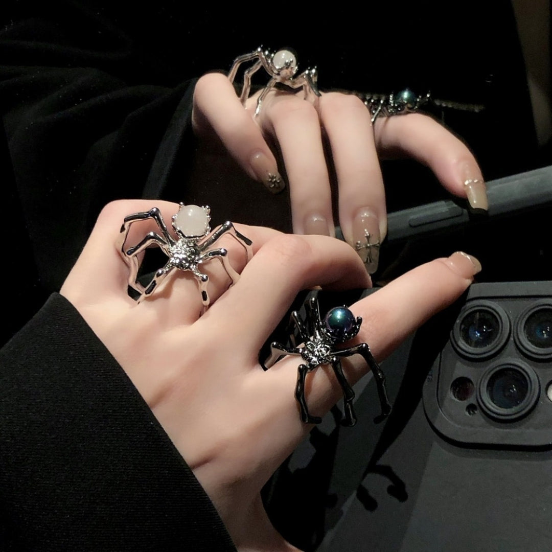Spider Ring with Matching Stone – Statement Ring in Silver or Black Finish
