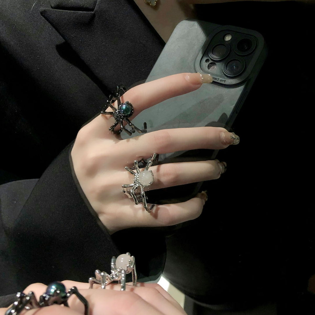 Spider Ring with Matching Stone – Statement Ring in Silver or Black Finish