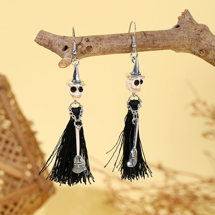 Skull Witch Halloween Tassel Earrings – Cute Statement Jewelry