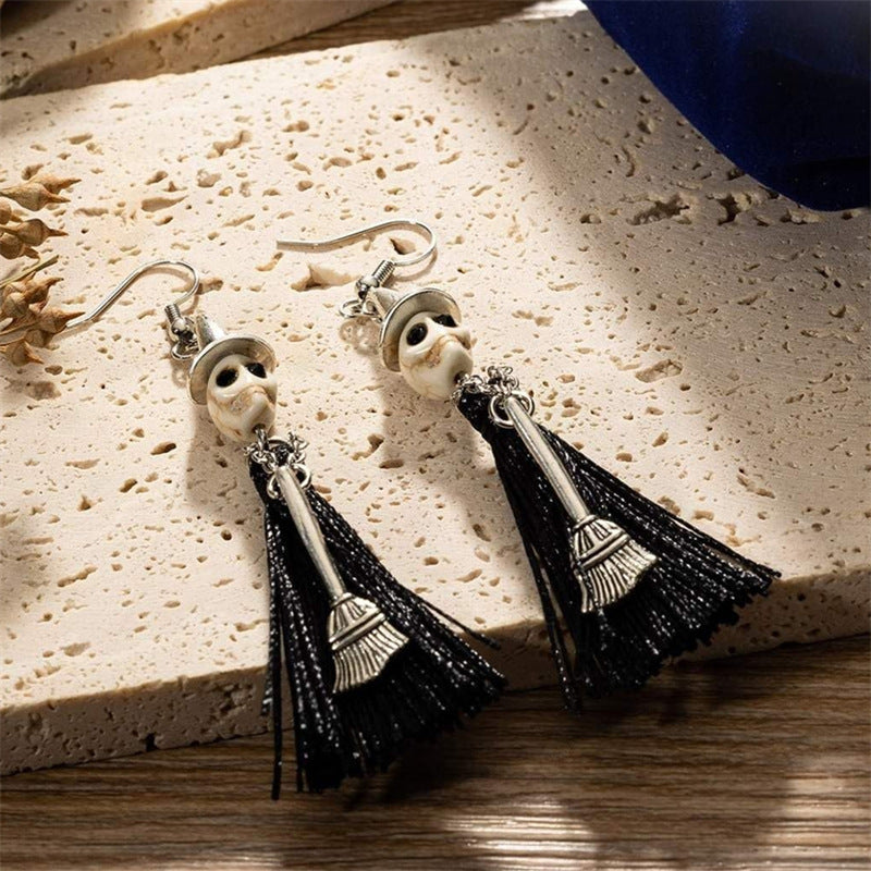Skull Witch Halloween Tassel Earrings – Cute Statement Jewelry