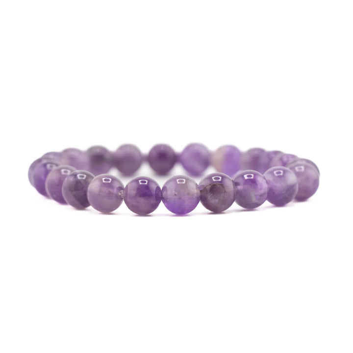 Purple beaded bracelet on a white background
