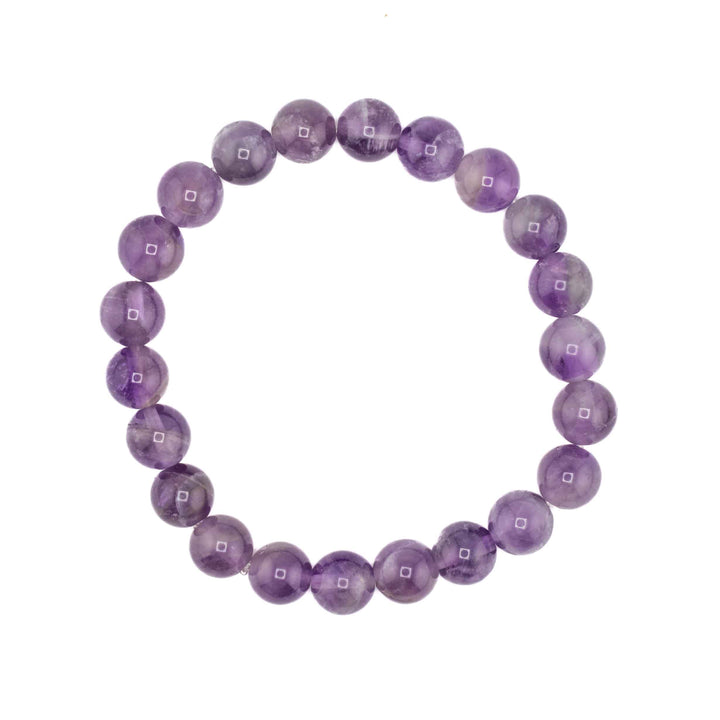 Purple beaded bracelet on a white background
