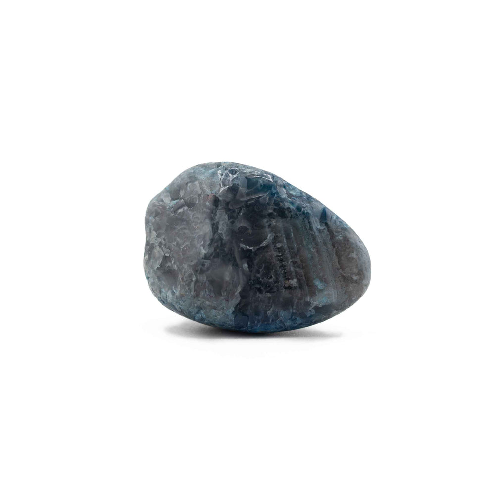 A single, smooth blue-dyed agate tumbled stone centered on a clean white background.