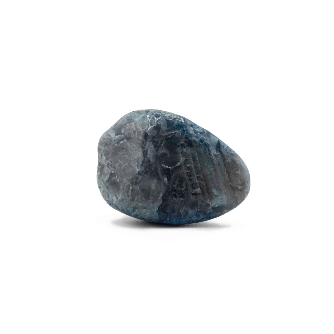 A single, smooth blue-dyed agate tumbled stone centered on a clean white background.