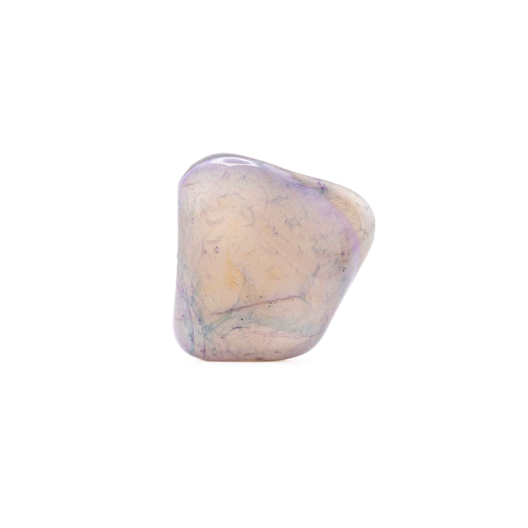 A pale, smooth agate tumbled stone displayed centrally against a solid white backdrop.