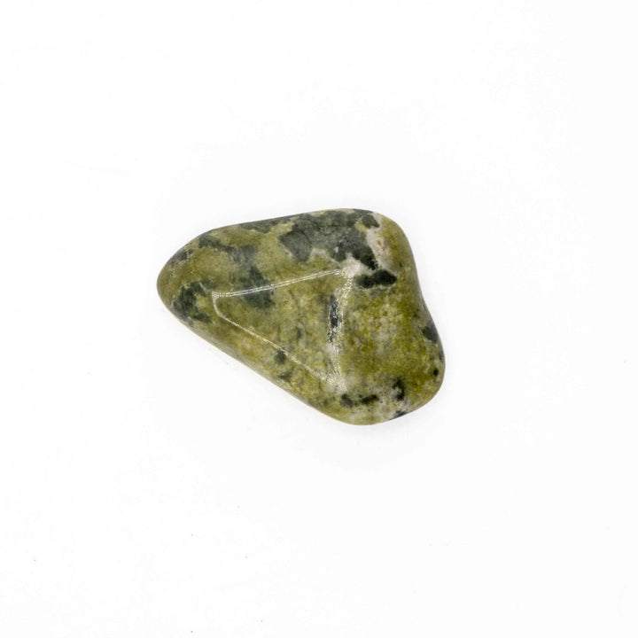 Polished Nephrite Inca Jade tumbled pocket stone featuring mottled olive green and dark green patterning on a white background