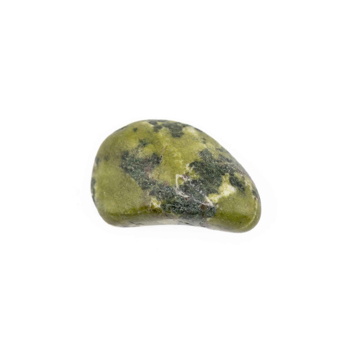 Smooth, curved Nephrite Inca Jade tumbled crystal displaying natural dark inclusions and a polished sheen