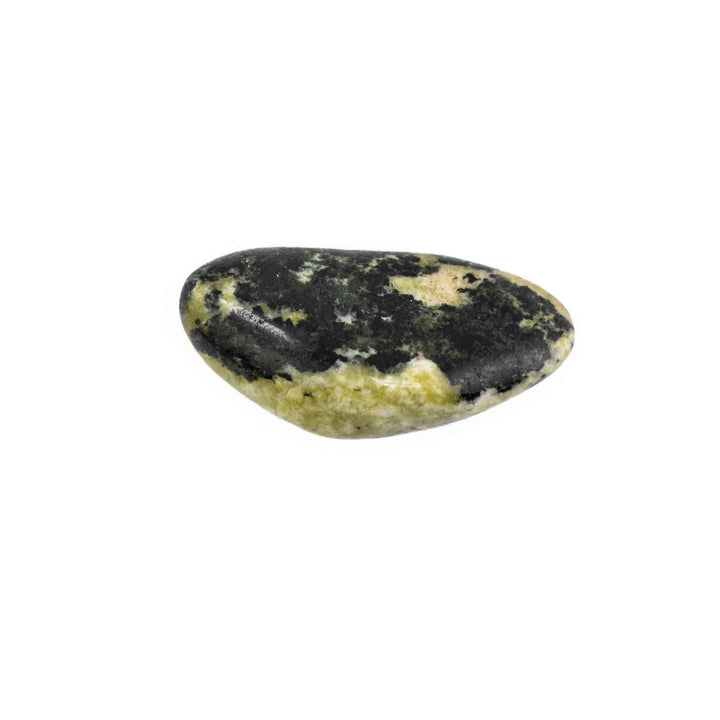 Elongated Nephrite Inca Jade tumbled stone with heavy black and deep green mineral veining on a light green base
