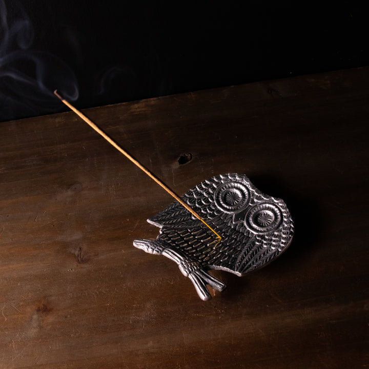 Owl Metal Incense Burner – Handcrafted Silver-Tone Ash Catcher for Sticks