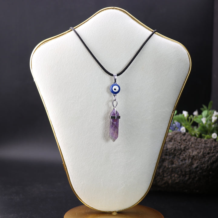 Handcrafted Natural Amethyst Stone Point Pendant Necklace with Evil Eye Charm