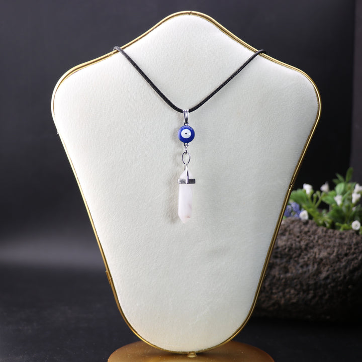 Handcrafted Natural Clear Quartz Point Pendant Necklace with Evil Eye Charm