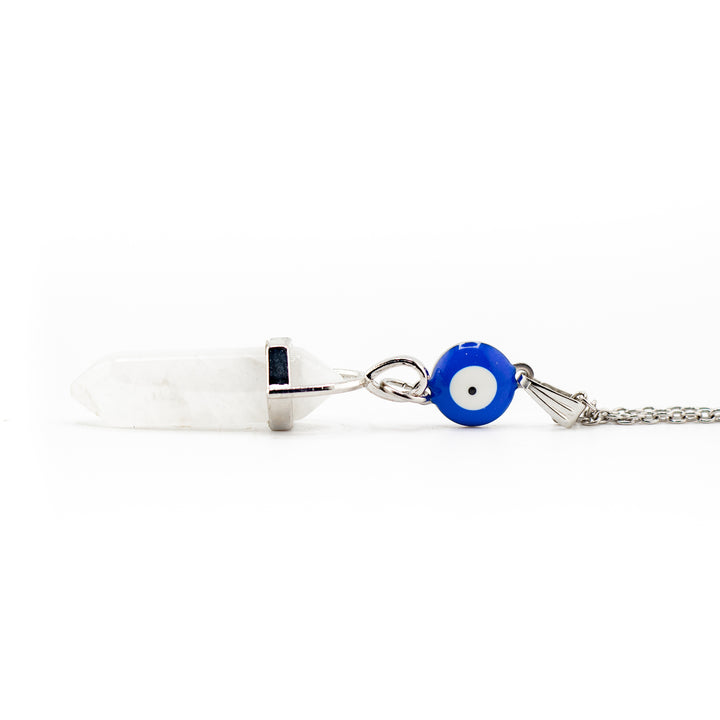 Collier pendentif en quartz clair naturel fait main avec breloque mauvais œil