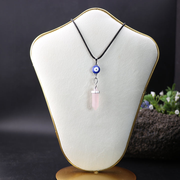 Handcrafted Natural Rose Quartz Point Pendant Necklace with Evil Eye Charm