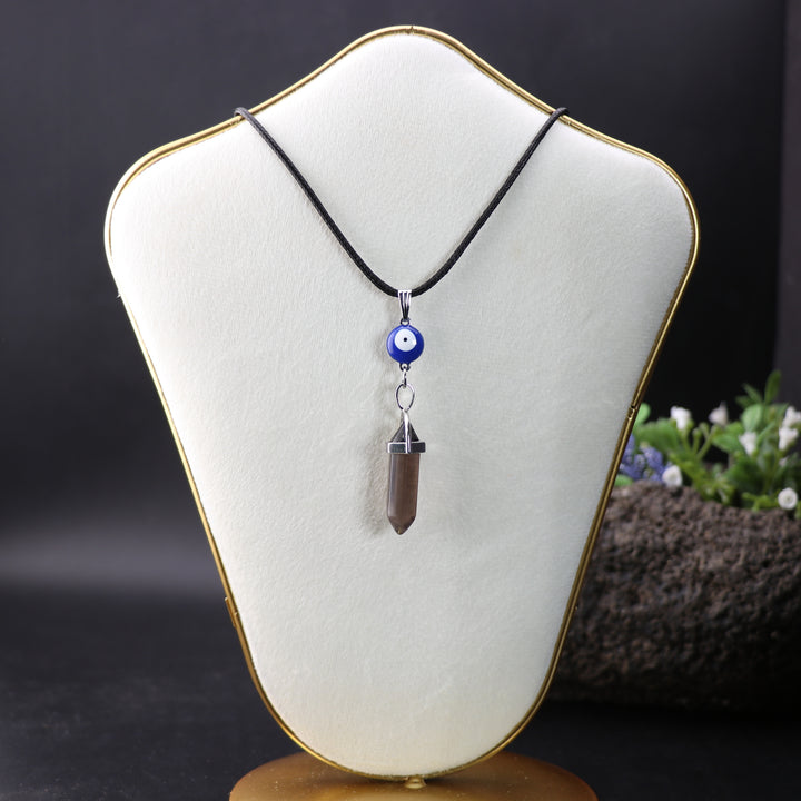 Handcrafted Natural Smoky Quartz Stone Point Pendant Necklace with Evil Eye Charm