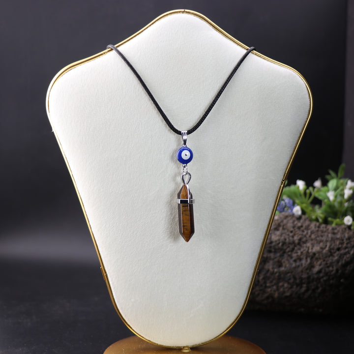 Handcrafted Natural Tiger Eye Stone Point Pendant Necklace with Evil Eye Charm