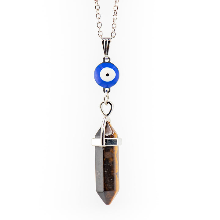 Tiger Eye Point Pendant Necklace with Evil Eye Charm – Handcrafted Crystal Jewelry