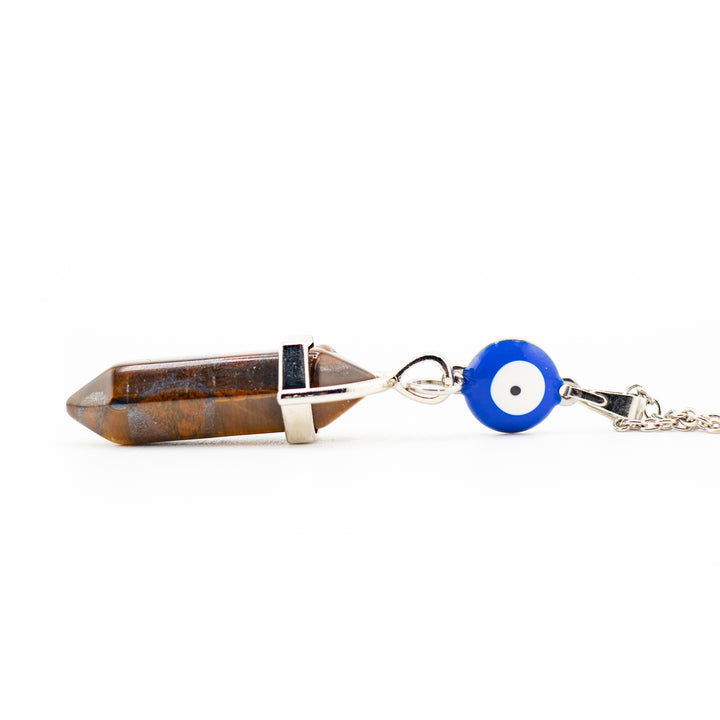 Tiger Eye Point Pendant Necklace with Evil Eye Charm – Handcrafted Crystal Jewelry