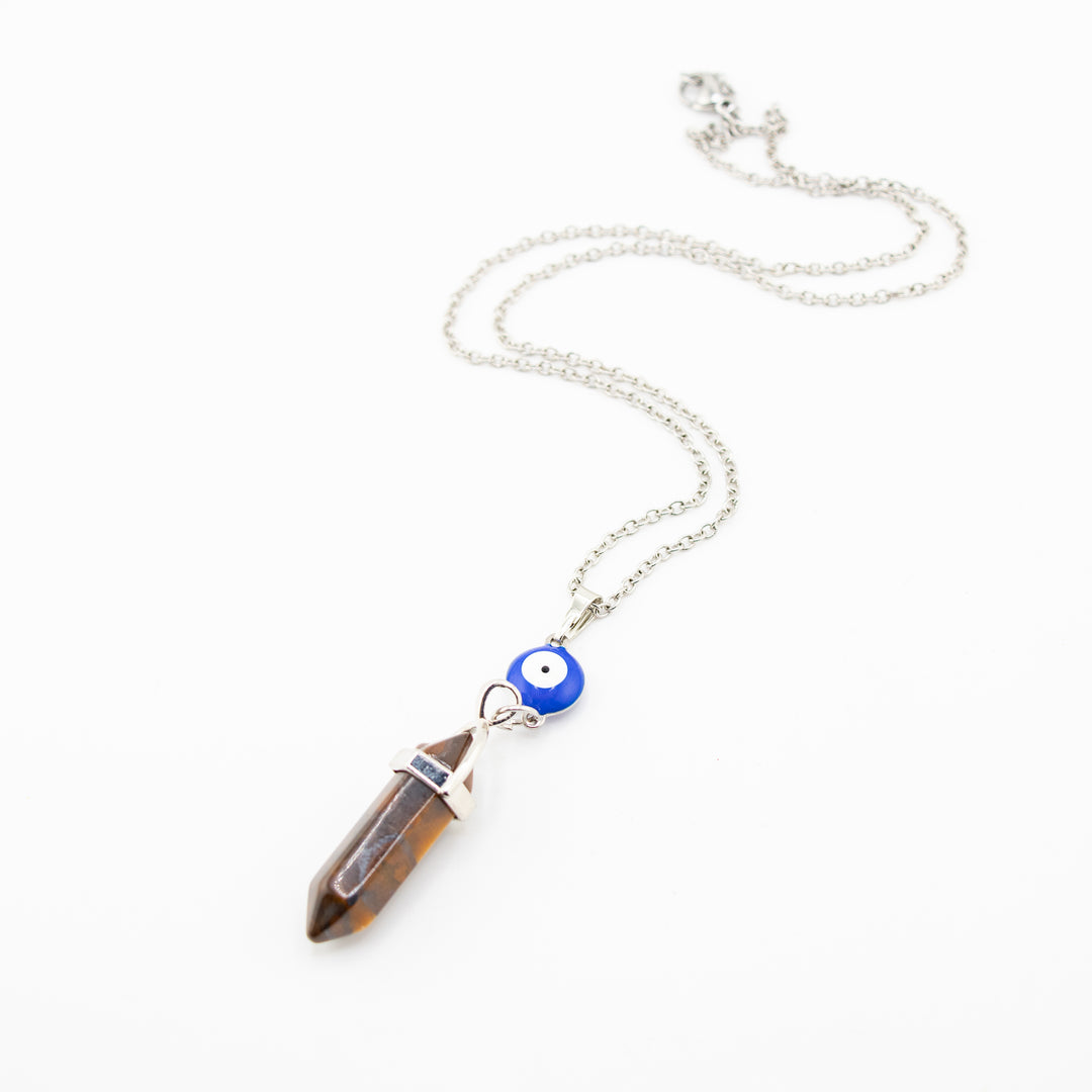 Tiger Eye Point Pendant Necklace with Evil Eye Charm – Handcrafted Crystal Jewelry