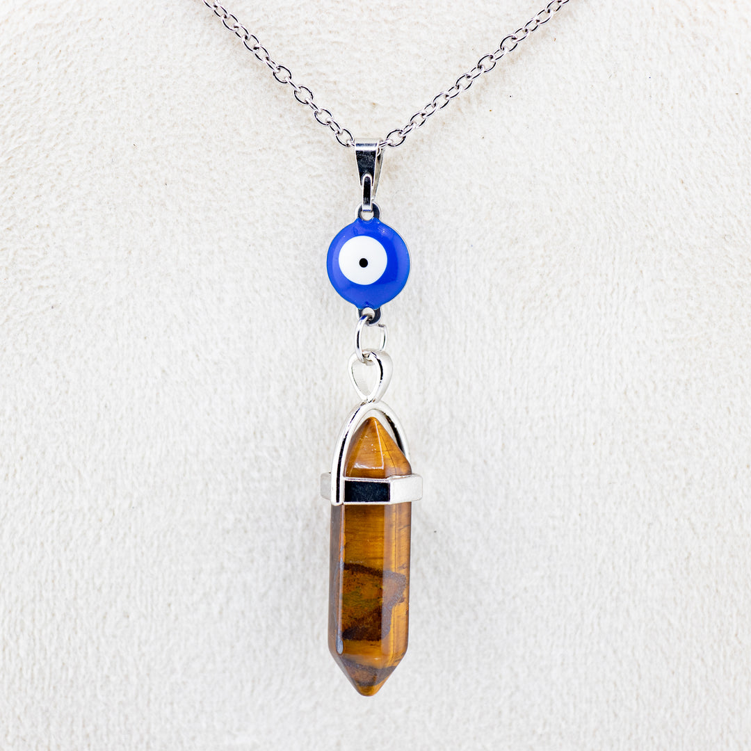 Tiger Eye Point Pendant Necklace with Evil Eye Charm – Handcrafted Crystal Jewelry