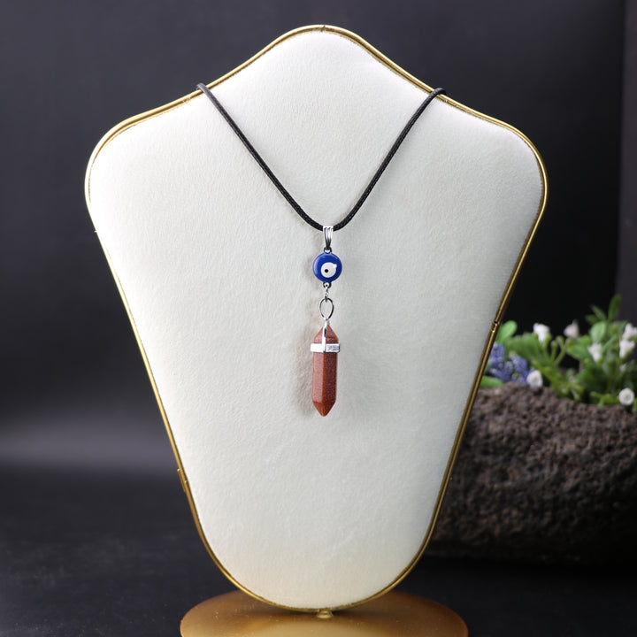 Handcrafted Red Gold Stone Point Pendant Necklace with Evil Eye Charm