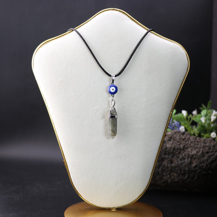 Handcrafted Natural Labradorite Point Pendant Necklace with Evil Eye Charm