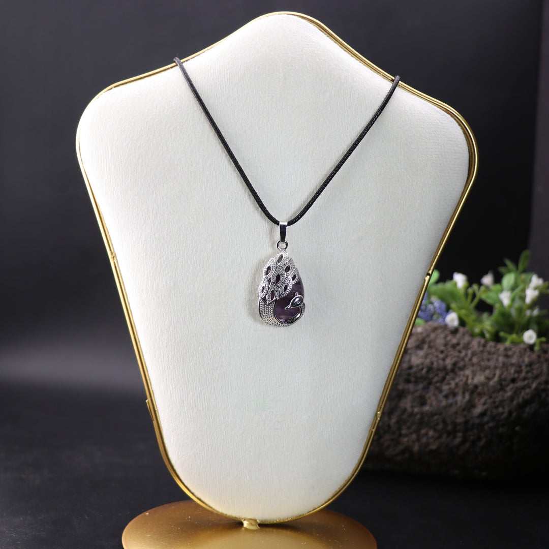 Handcrafted Teardrop Necklace - Natural Amethyst Gemstone with Peacock Motif