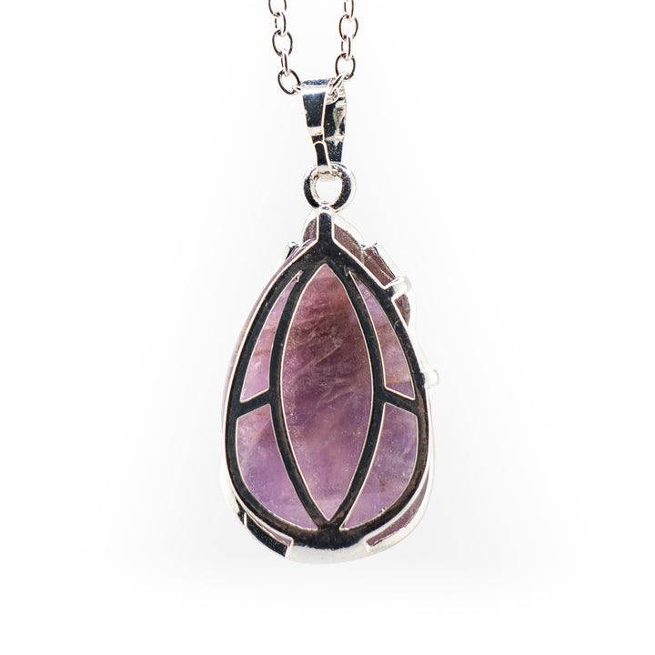 Collar de lágrima artesanal: amatista natural con motivo de pavo real