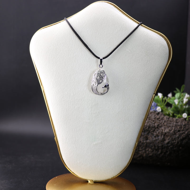 Handcrafted Natural Clear Quartz Teardrop Pendant  - Peacock Motif Gemstone Necklace