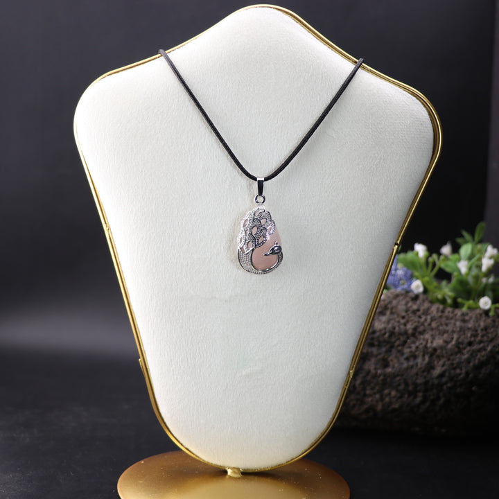 Handcrafted Teardrop Rose Quartz Gemstone Pendant – Peacock Inspired Necklace