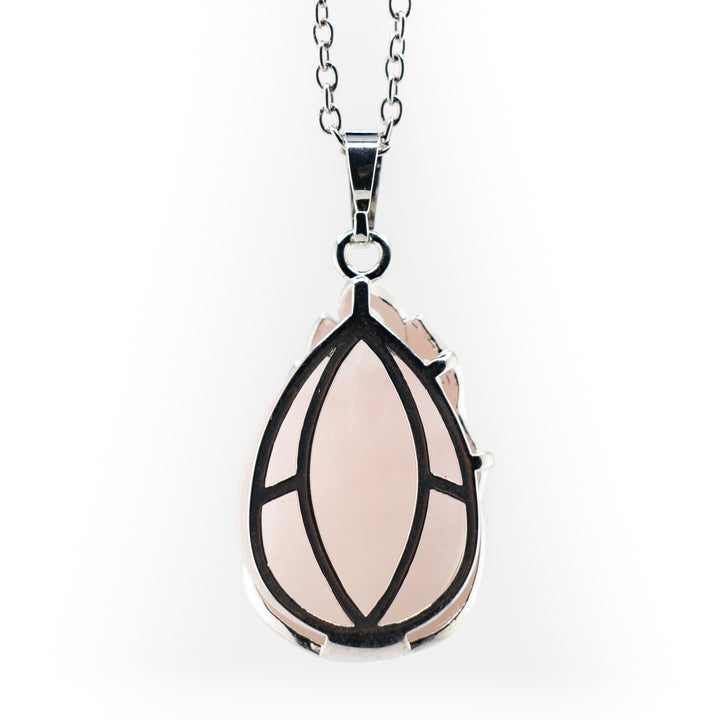 Pendentif en quartz rose en forme de larme, fabriqué à la main – Collier inspiré du paon