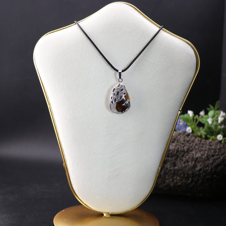 Handcrafted Natural Tiger Eye Teardrop Pendant  - Peacock Motif Gemstone Necklace