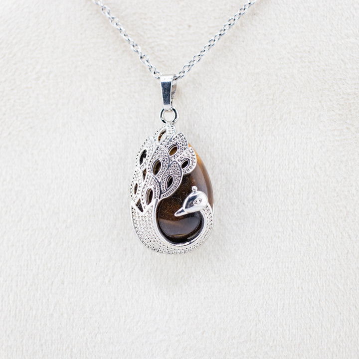 Colgante de lágrima de ojo de tigre natural hecho a mano - Collar con piedras preciosas y motivo de pavo real