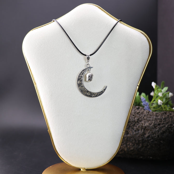 Mystic Moon Embrace: Silver-Toned Brass Pendant with Buddha Head Necklace