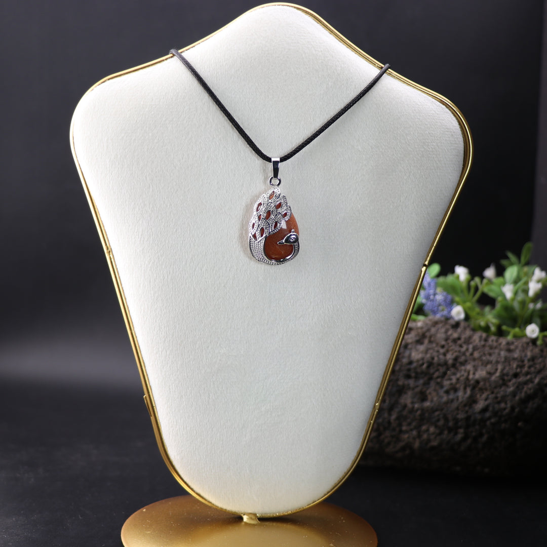 Handcrafted Natural Red Aventurine Teardrop Pendant - Peacock Feather Necklace