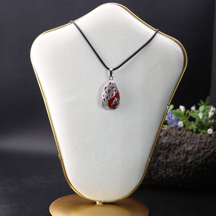 Handcrafted Teardrop Necklace - Natural Carnelian Gemstone with Peacock Motif