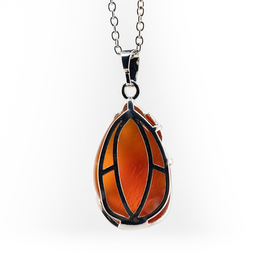 Collier artisanal en forme de larme - Pierre précieuse cornaline naturelle avec motif paon