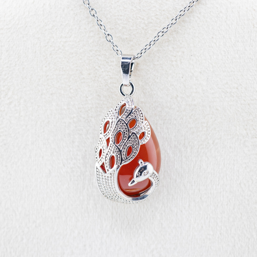 Collier artisanal en forme de larme - Pierre précieuse cornaline naturelle avec motif paon