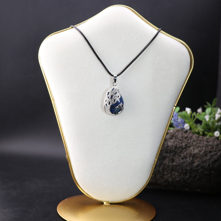 Handcrafted  Natural Lapis Lazuli Teardrop Pendant - Peacock Feather Gemstone Necklace