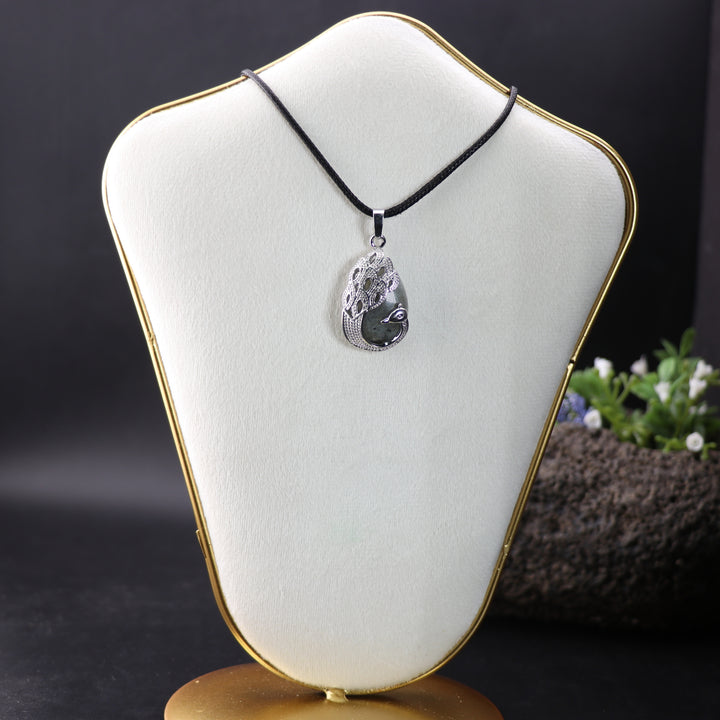 Handcrafted Natural Labradorite Teardrop Pendant  - Peacock Motif Gemstone Necklace