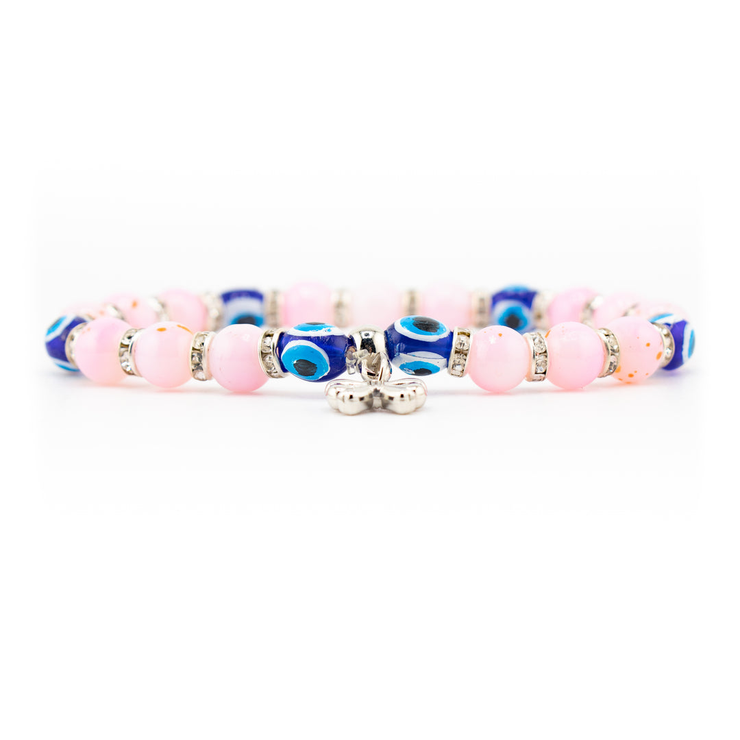 Pink Evil Eye Charm Bracelet – Crystal Protection Jewelry with Lucky Charms