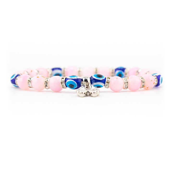 Pink Evil Eye Charm Bracelet – Crystal Protection Jewelry with Lucky Charms