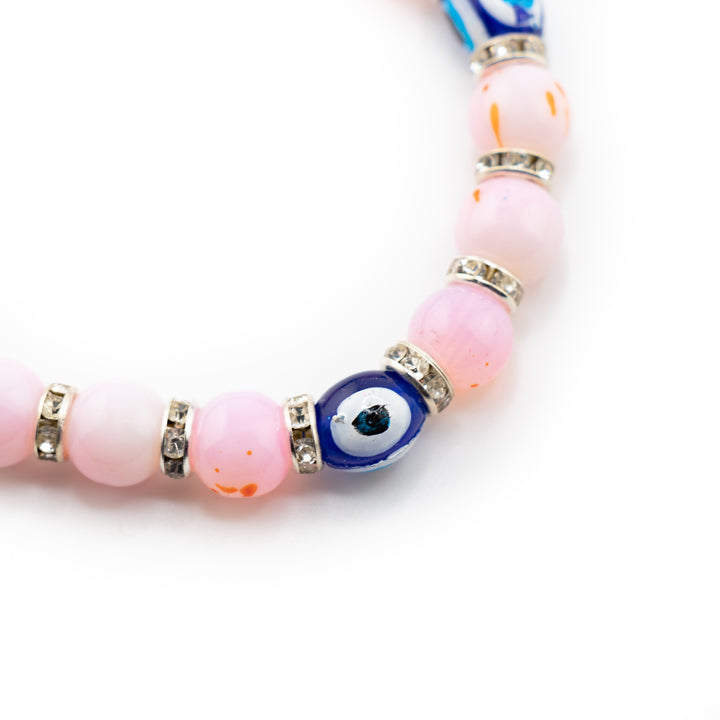 Pink Evil Eye Charm Bracelet – Crystal Protection Jewelry with Lucky Charms