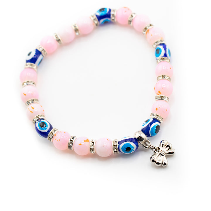 Pink Evil Eye Charm Bracelet – Crystal Protection Jewelry with Lucky Charms
