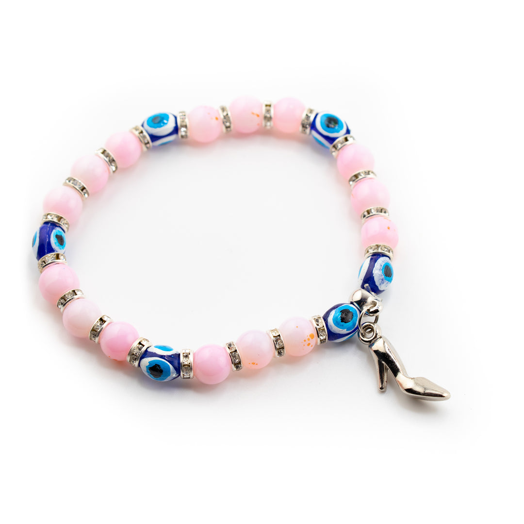 Pink Evil Eye Charm Bracelet – Crystal Protection Jewelry with Lucky Charms