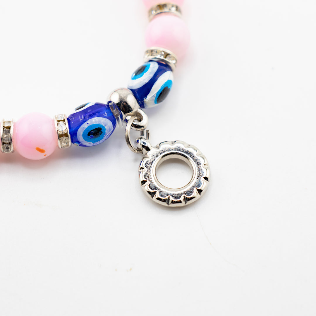 Pink Evil Eye Charm Bracelet – Crystal Protection Jewelry with Lucky Charms