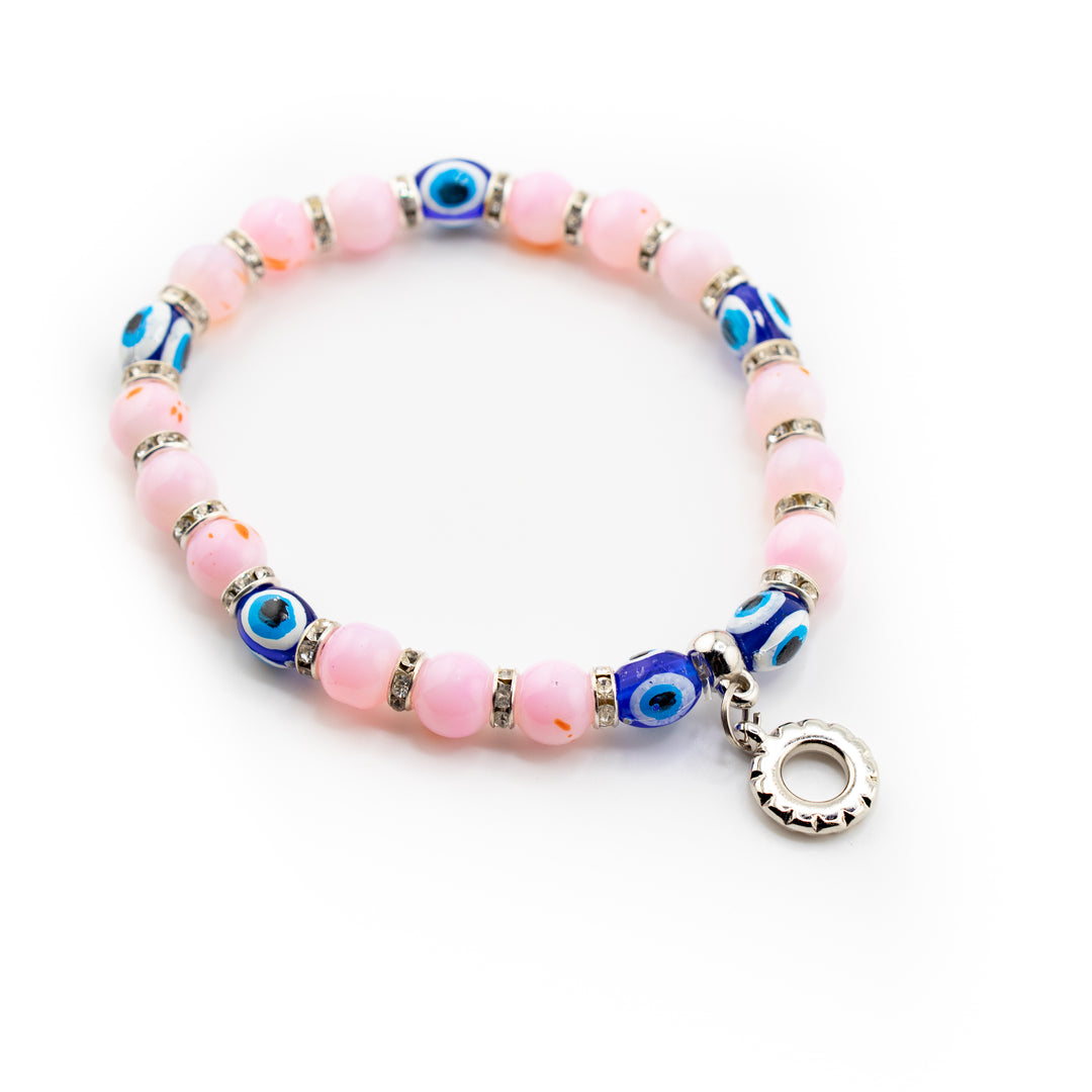 Pink Evil Eye Charm Bracelet – Crystal Protection Jewelry with Lucky Charms