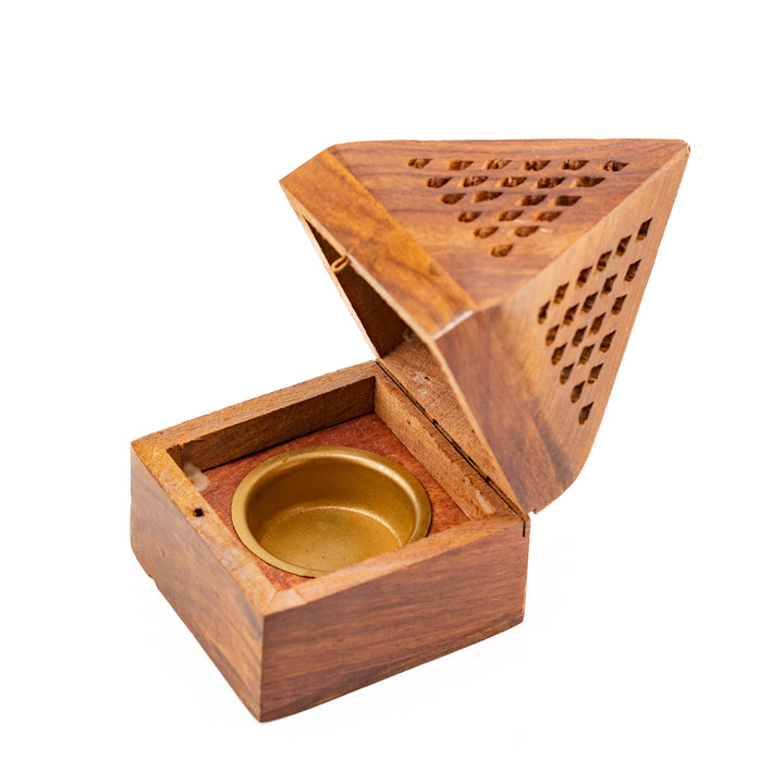 Wooden Pyramid Incense Burner – Hand-Carved Pointed Lid Holder for Cones or Resin Incense