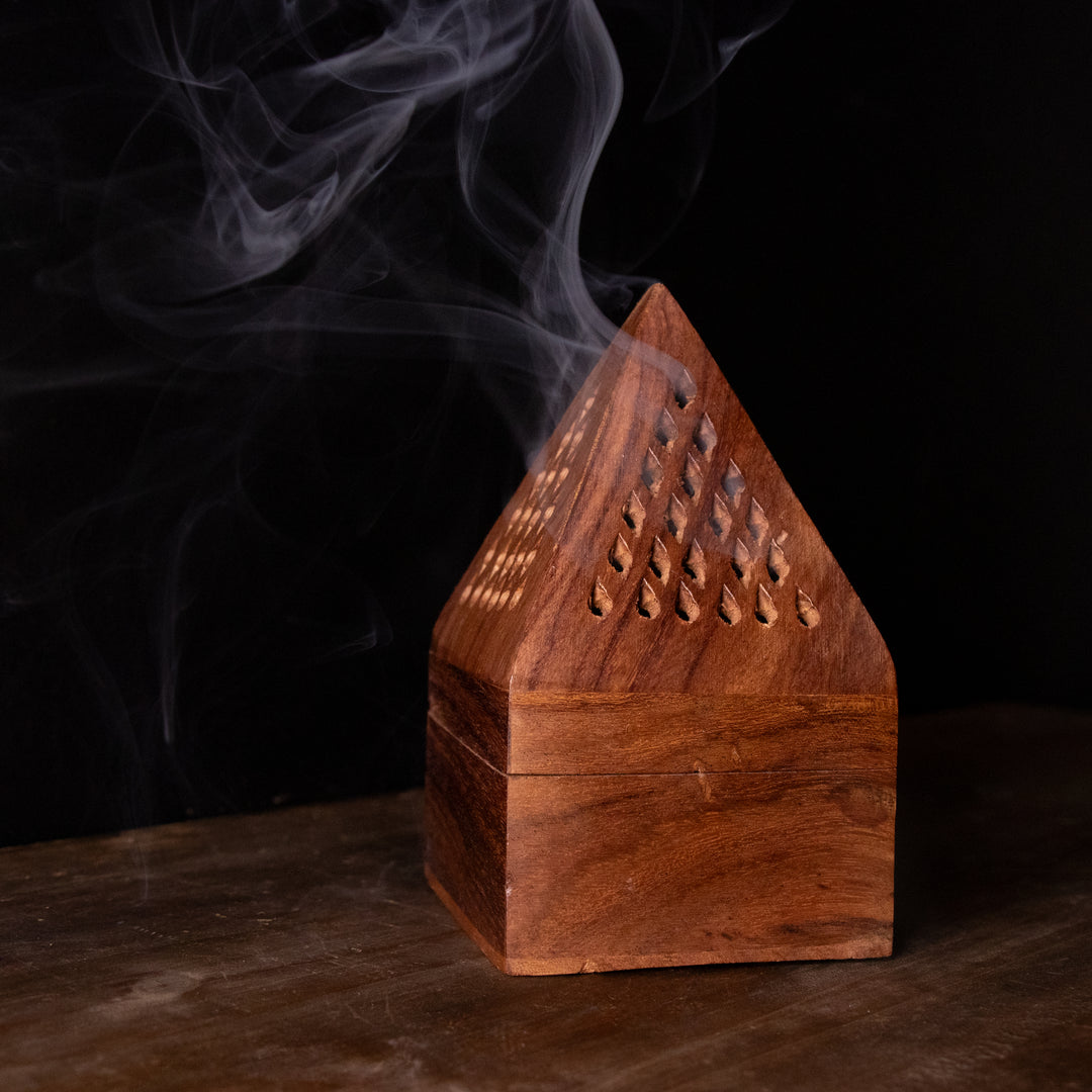 Wooden Pyramid Incense Burner – Hand-Carved Pointed Lid Holder for Cones or Resin Incense