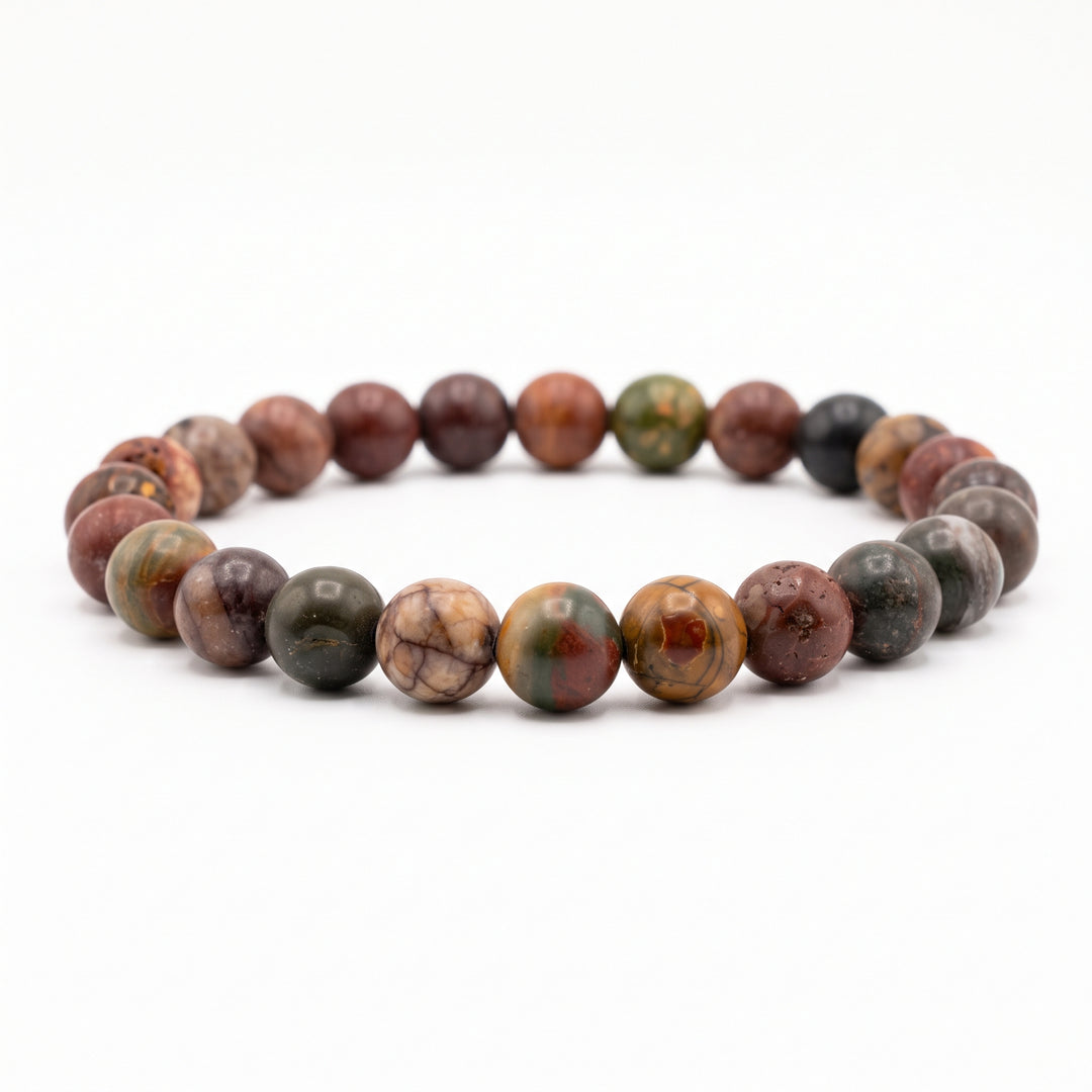 Polychrome Jasper Metal-Free Stretch Bracelet – 8mm Earth Tone Stone Jewelry
