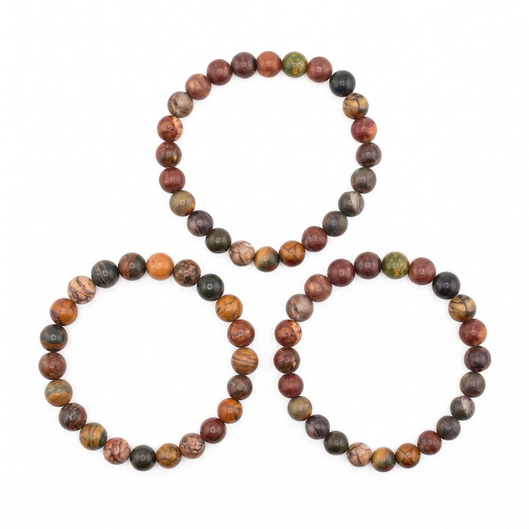 Polychrome Jasper Metal-Free Stretch Bracelet – 8mm Earth Tone Stone Jewelry
